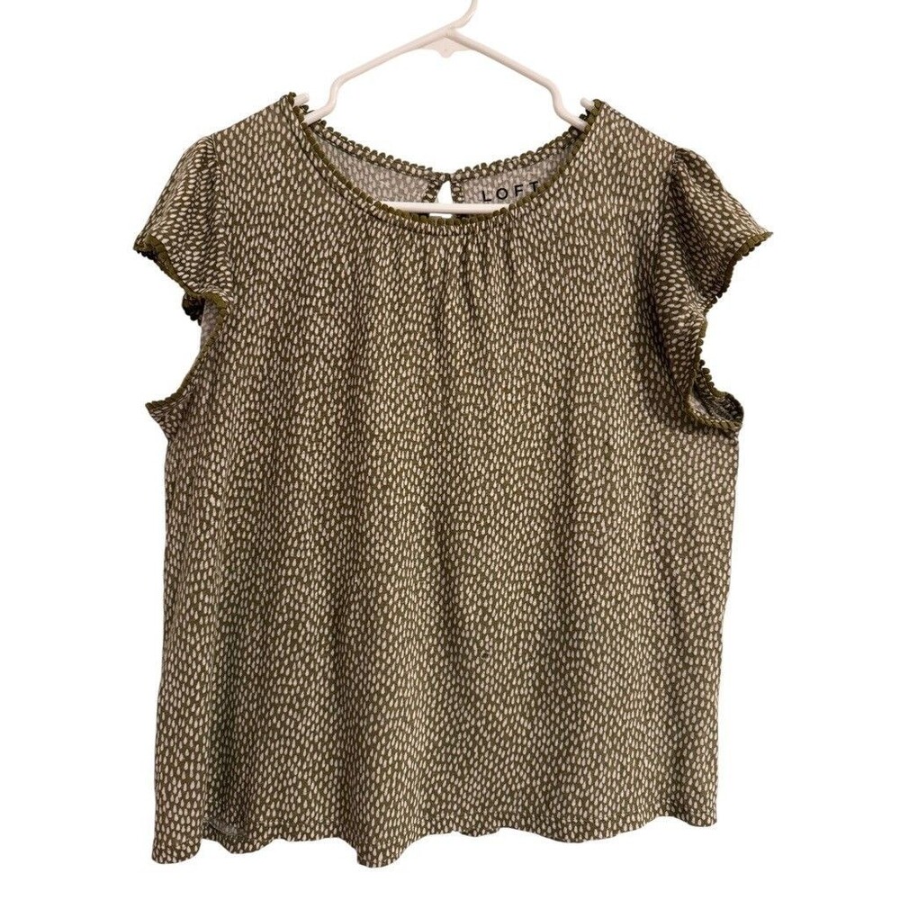 LOFT Linen Women's MEDIUM Green White Print Short Ruffle Cap Sleeve Shirt